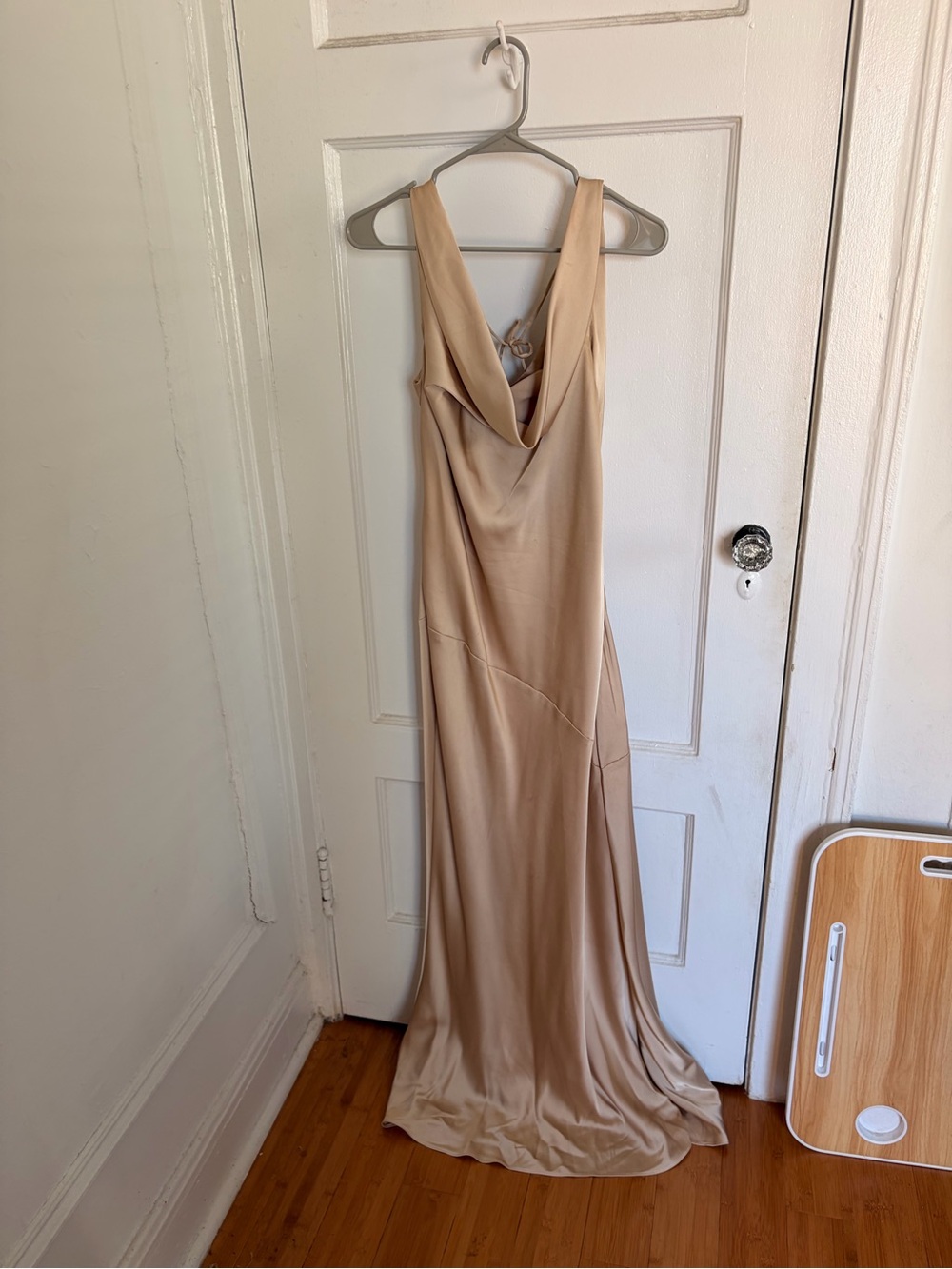 Azazie Beige Cowl Neck Satin Maxi Dress
